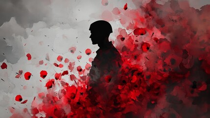 Canvas Print - artistic depiction of a soldier silhouette surrounded by watercolor poppy petals
