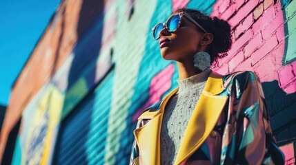 A stylish figure stands against a colorful urban backdrop exuding a sense of fashion and personal expression