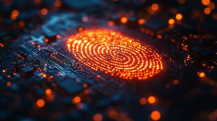 A glowing fingerprint embedded on a computer circuit board, suggesting a futuristic approach to security and authentication.