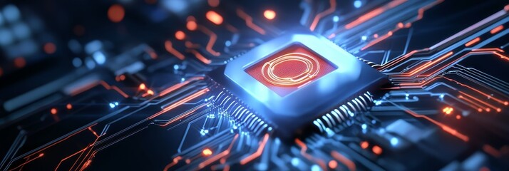 Poster - A dynamic journey through glowing circuits representing the flow of information and data in the digital world. This image symbolizes technology, innovation, connectivity, and the future.