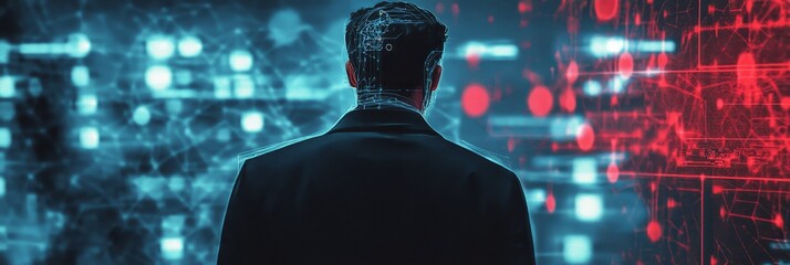 A futuristic detective utilizes AI-generated code to track and analyze cybercrime, standing before a digital wall of data. The image symbolizes advanced technology, digital forensics, cybersecurity, d