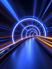 Poster - a futuristic tunnel illuminated by vibrant neon lights, symbolizing progress, technology, imaginatio