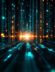 Poster - a futuristic digital environment with towering lines of light representing data flow, innovation, te