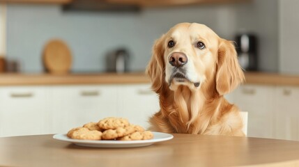 A Golden Retriever sits politely at a table, patiently awaiting a tasty treat.  This image represents companionship, loyalty, and the joy of sharing a meal.