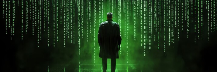 Poster - A lone figure stands amidst a cascading digital rain, symbolizing the mystery, complexity, and power of coding, cybersecurity, and the digital world.
