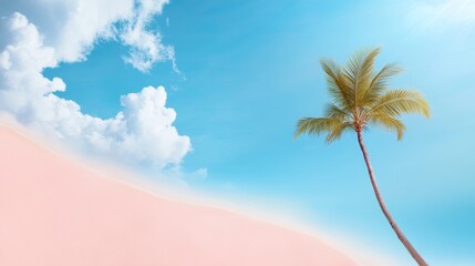  A lone palm tree sways gently in the tropical breeze, its lush green leaves reaching towards a vibrant blue sky. Below, a picturesque pink sand beach stretches out, creating a stunning backdrop for a 