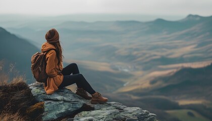 Serene Woman Meditating on Majestic Mountain Peak