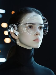 Poster - A portrait of a futuristic android woman wearing advanced technology glasses, showcasing innovation, artificial intelligence, cyberspace, digital interface, and the future of technology.