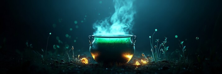 A steaming cauldron filled with a glowing green potion sits in the midst of a dark and mysterious forest. The smoke rising from the potion creates a magical aura.  This image evokes a sense of enchant