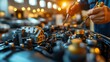 © TranNgoc - Mechanic completing a final safety inspection on a modern car’s engine, with diagnostic tools in hand. Bright workshop lights reflect off the clean engine components, creating a detailed,