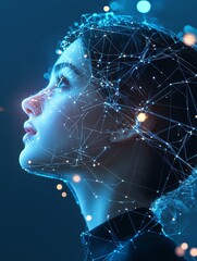 Poster - A woman's profile is illuminated by a network of glowing lines, symbolizing technology, connection, and human potential.