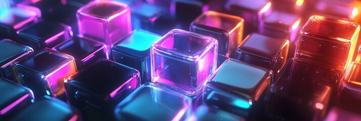 Poster - Abstract background of neon glowing cubes, perfect for modern, futuristic, and technology themes. Symbolizing innovation, energy, and digital art.