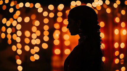 Canvas Print - a woman is standing in front of a wall of lights