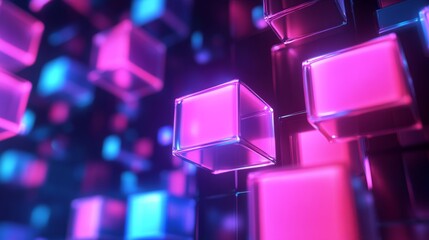 Poster - Abstract background with neon glowing cubes, representing digital technology, future, innovation, creativity, and design.