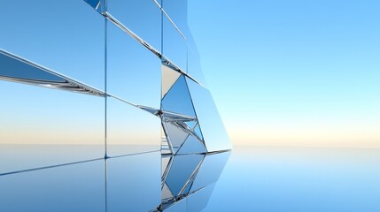 Poster - Abstract geometric shapes in blue and silver, reminiscent of a modern architecture, reflecting the sky. The design symbolizes progress, innovation, futuristic vision, and the boundless possibilities o