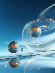 Poster - Abstract cosmic spheres and reflections in a blue, starry sky, symbolizing celestial bodies, space exploration, dreams, possibilities, and the interconnectedness of the universe.