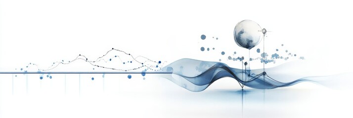 Poster - an abstract illustration featuring a flowing blue wave, a sphere, and scattered dots against a white