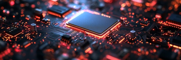 Poster - Close-up of a circuit board with a glowing processor, representing innovation, technology, power, connection, and advancement.