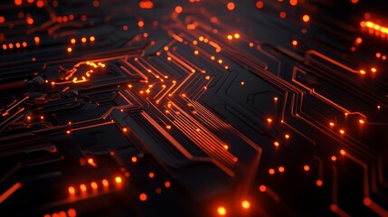 Poster - Futuristic Circuit Board with Bright Orange Lights, representing innovation, technology, connection, data flow, and digital future.