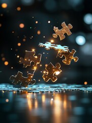 Poster - Golden puzzle pieces fall into place, symbolizing connection, collaboration, problem-solving, completion, and success.