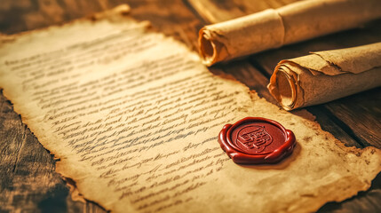 Old letter with a wax seal and scrolls on a wooden table