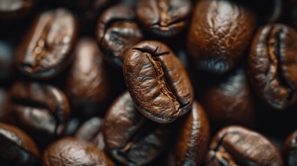 Wall Mural - Close up of coffee bean background, top view. Photorealistic high resolution macro photography for advertising or food design.