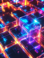 Poster - Neon Glowing Cubes Abstract Background. A captivating abstract background featuring vibrant neon glowing cubes, symbolizing technology, energy, dynamism, innovation, and future.