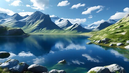 Sticker - Majestic mountain backdrop reflecting in serene blue lake, capturing the essence of natures beauty in a tranquil landscape