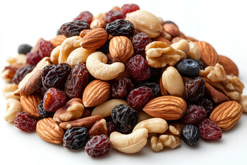 Handful of mixed nuts and dried fruits, portable brain-boosting snack, healthy and convenient.