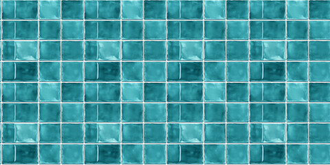 Poster - a seamless pattern of perfectly square, glossy teal blue tiles with white grout