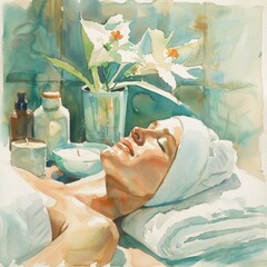 Canvas Print - A woman is laying on a towel in a spa