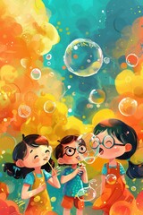 Poster - A painting of three children blowing bubbles