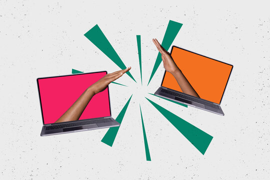 Composite artwork collage image picture of two arms laptop screen isolated on creative background