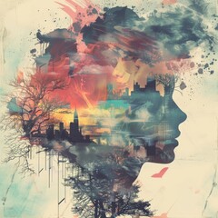 Poster - Whimsical double exposure cartoon background with creative design.