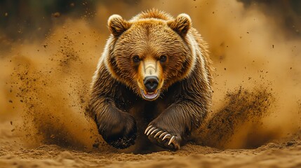 a powerful brown bear charging forward, kicking up dust with its paws.