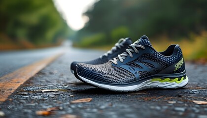 Wall Mural - Stylish running shoes placed on an empty road, symbolizing adventure and fitness explorations