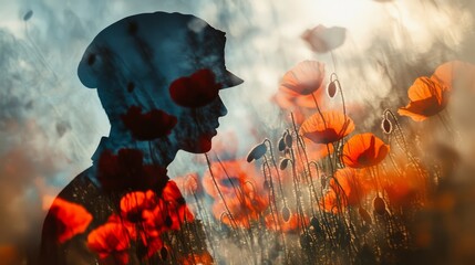 Canvas Print - Artistic depiction of a soldier silhouette and a field of red poppies