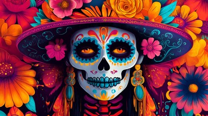 Sticker - Bold Dia de los Muertos poster with vibrant colors and classic motifs.