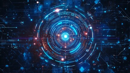 Fototapete - Abstract digital technology background with a glowing circular interface and lines.