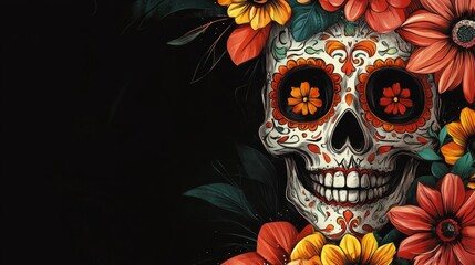 Wall Mural - Vibrant Sugar Skull with Colorful Flowers on Black Background