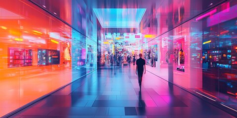 Poster - A neon colored shopping mall with people walking through it