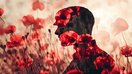 Poster - A soldier silhouette merged with a backdrop of red poppies