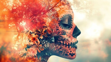 Sticker - Creative representation of Dia de Muertos blending sugar skulls and nature.