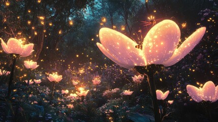 A garden of enormous flowers glowing in the twilight, with strange insects buzzing around