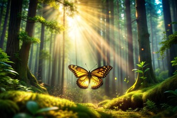 Poster - Golden-winged butterfly flying through sunlit forest