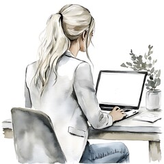 Watercolor illustration of a woman working on her laptop.