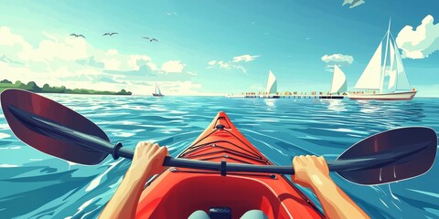 Poster - The scene is from a first person perspective, driving a red kayak in the lake with both hands paddling their oars forward