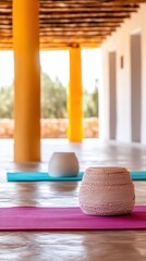 Sticker - Yoga Mat and Decorative Pot in a Sunlit Room.