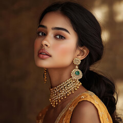 young woman wearing traditional sari and jewelry