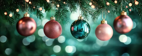 Colorful Christmas ornaments hanging on pine branches with soft bokeh background.